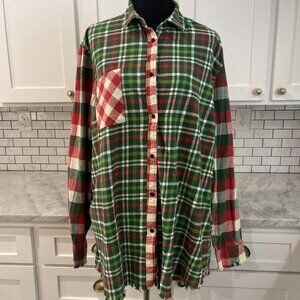 One 24 Rags Shirt Womens 3XL Red Green Plaid Button-Up Shirt Raw Hem Farm Boho